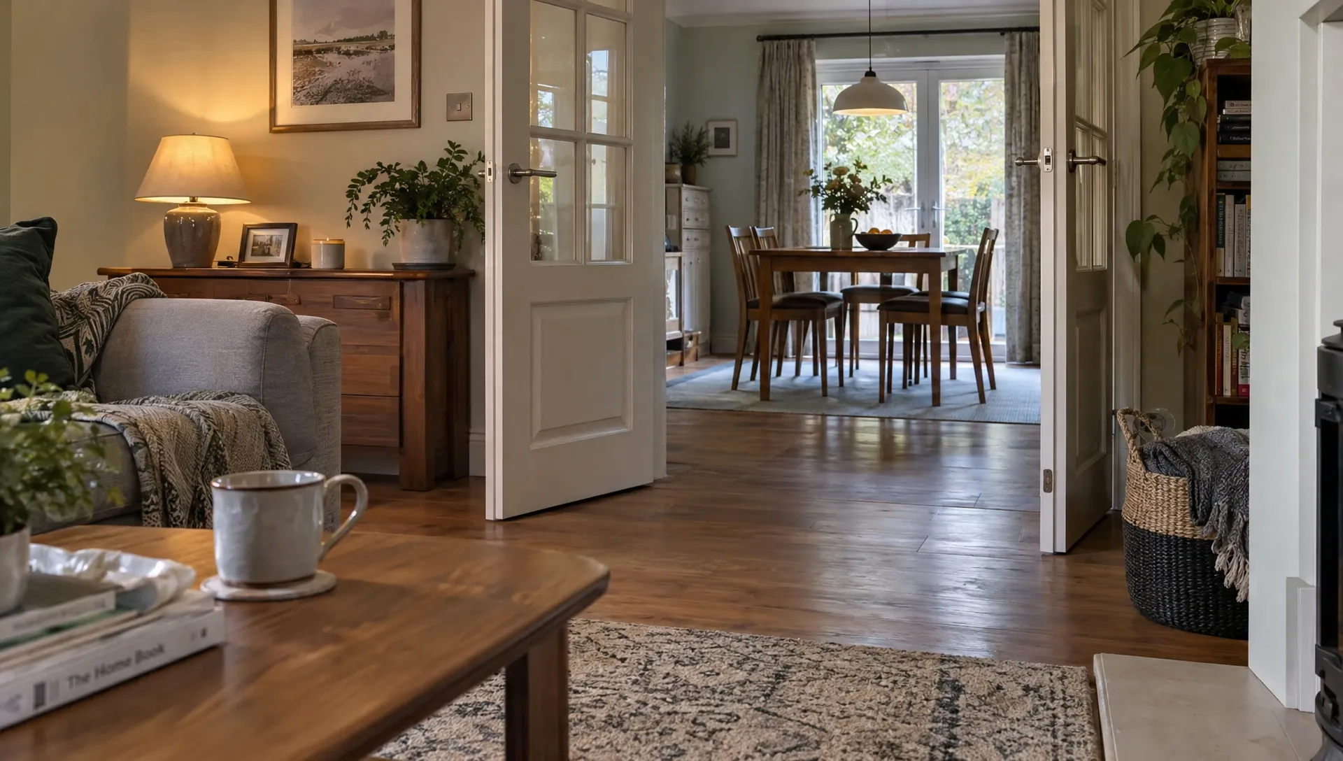 How Much Do Internal Doors Cost to Buy and Fit? 1 An open glazed internal door connects a furnished living room with the dining area.