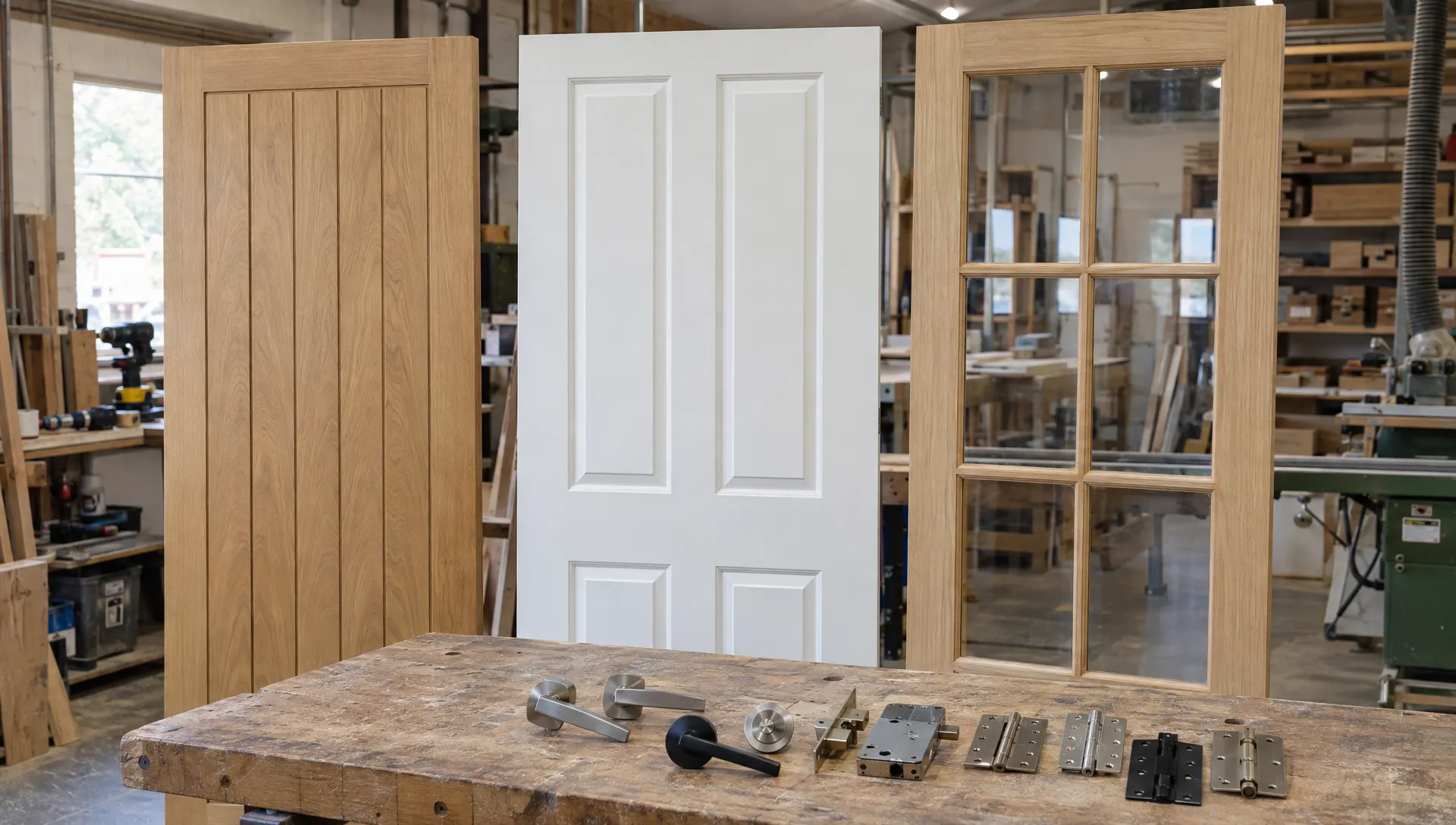 How Much Do Internal Doors Cost to Buy and Fit? 2 Oak-veneered, white moulded and glazed internal doors stand beside matching handles, hinges and latches for comparing options.